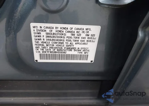 2006 Honda Pilot Ex-L из США, поврежденный, VIN 2HKYF18526H555082